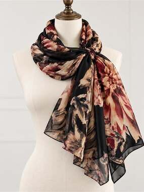 Echo Black Burgundy Floral Print Silk Scarf One Size Vintage Boho Romantic Chic